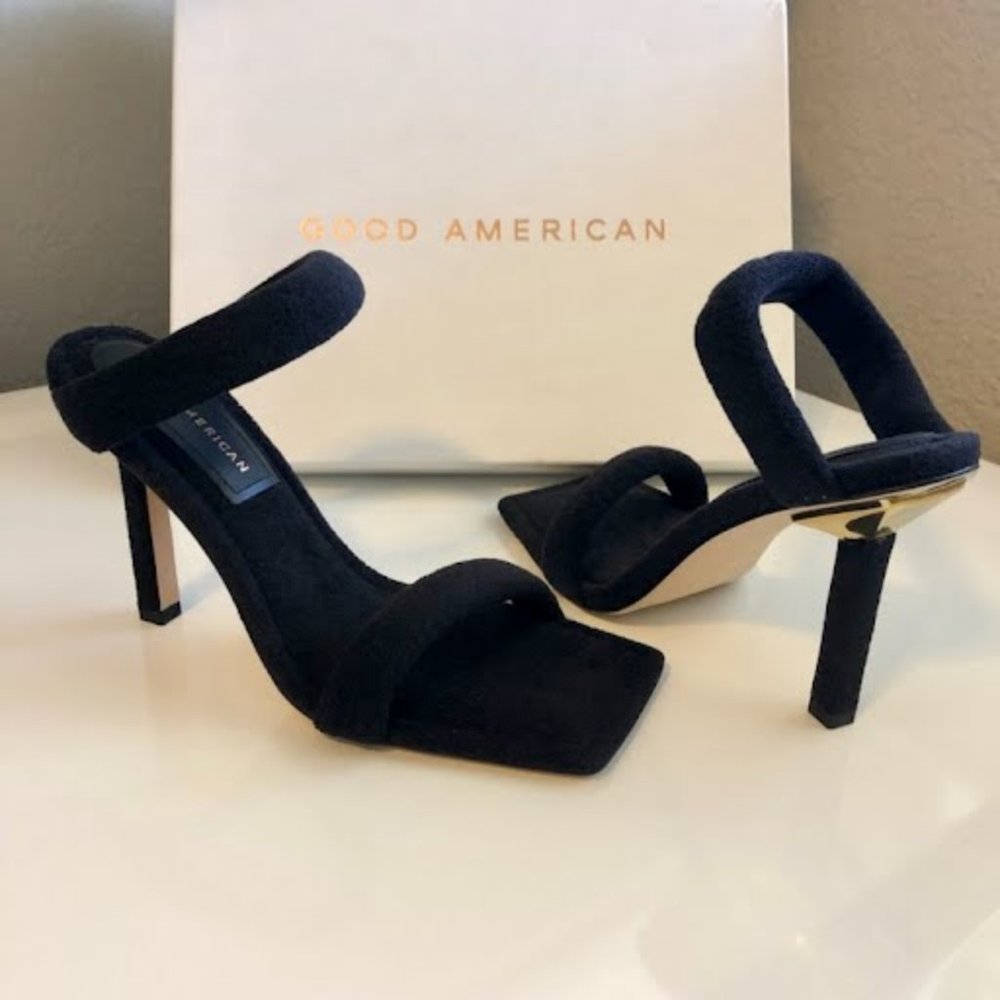 NWT GOOD AMERICAN Black & Gold Metallic Stiletto Heeled Sandal 8 MSRP $200 - Picture 2 of 8